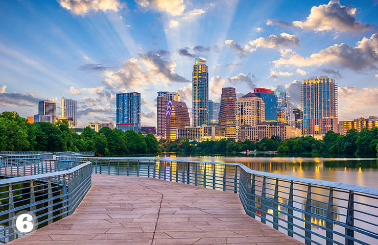 Austin, Texas skyline at golden hour over Lady Bird Lake — High Motive Solutions headquarters